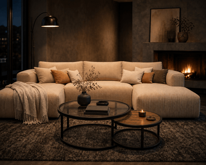 A large cream-colored ribbed sectional sofa in a cozy, dimly lit living room with a fireplace, coffee tables, and a throw blanket.