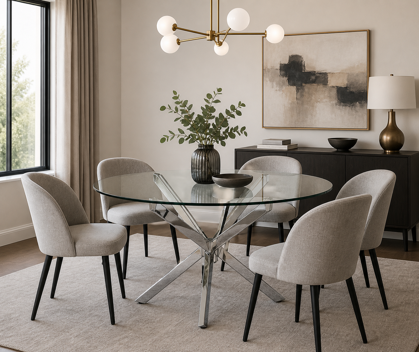 A modern dining room setup featuring a round glass-top table with a chrome star base, surrounded by six light beige upholstered dining chairs with black legs. The room has a neutral beige wall, a large abstract painting, a dark wood sideboard with a lamp, and a window with beige curtains.