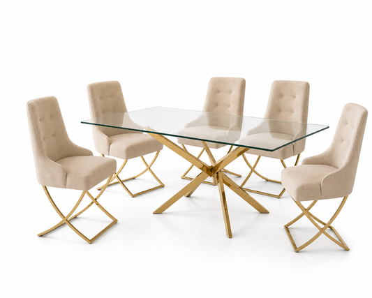 Gold and glass dining table and cream chairs on a white background