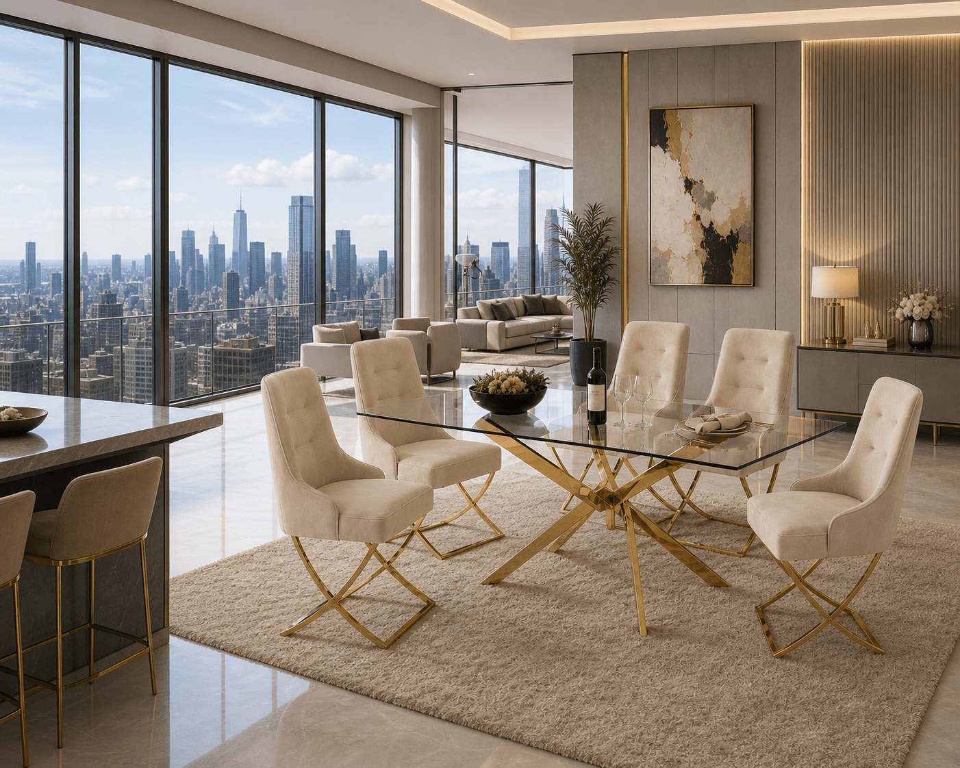 Modern dining room with glass table and gold legs, city skyline view.