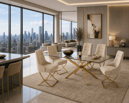 Modern dining room with glass table and gold legs, city skyline view.