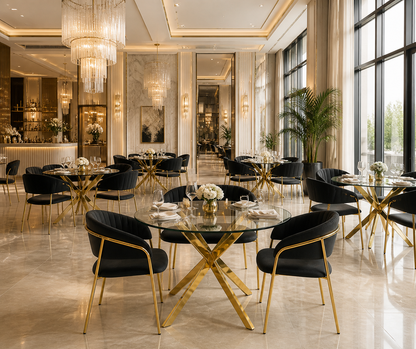 A luxury dining room setting featuring modern round glass-top tables with gold metal X-shaped bases and black upholstered chairs with gold frames, arranged in a high-ceilinged, elegantly decorated interior with marble walls and chandeliers.