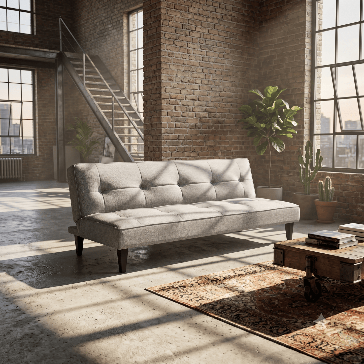 Brown leather sofa in a bright living room with large windows overlooking the ocean.