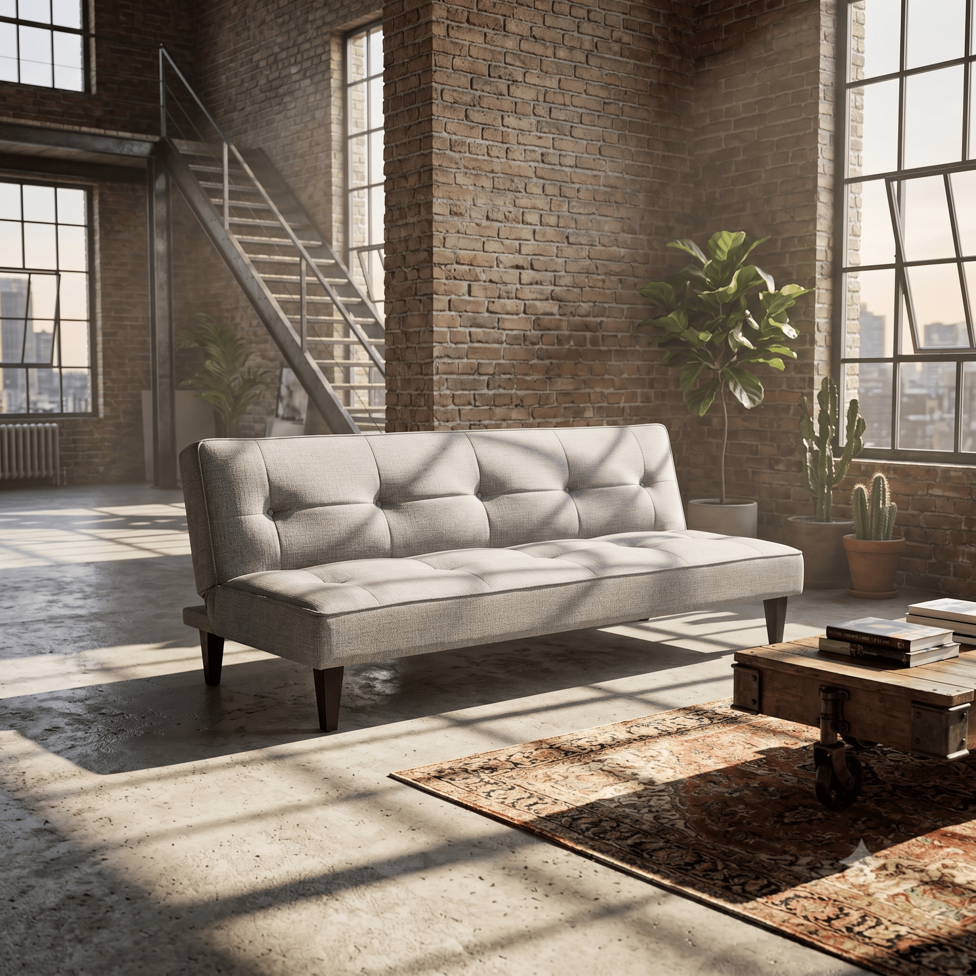 Brown leather sofa in a bright living room with large windows overlooking the ocean.