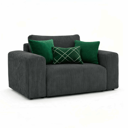 Gray sofa with green cushions on a white background