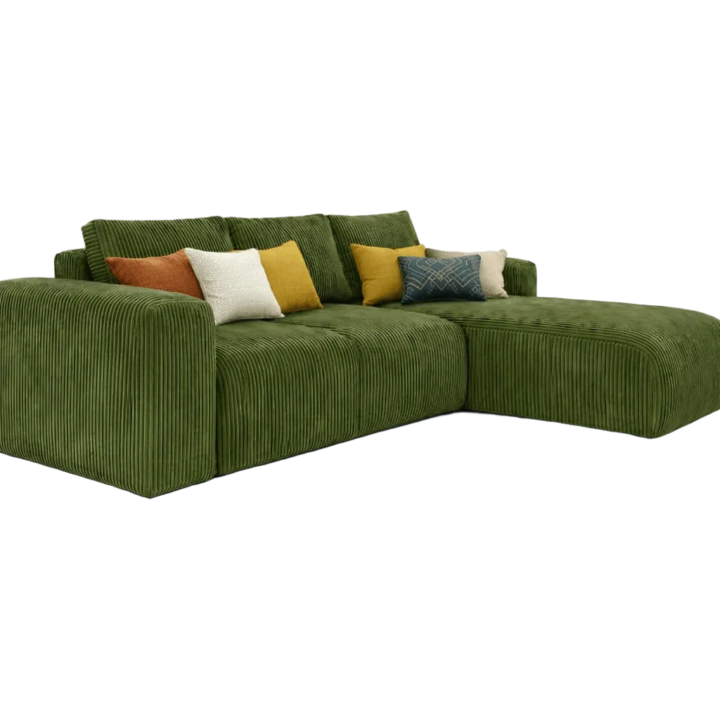 Olive Green sectional L shape soft corduroy fabric sofa with colorful cushions on a white background