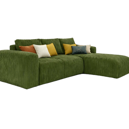 Olive Green sectional L shape soft corduroy fabric sofa with colorful cushions on a white background