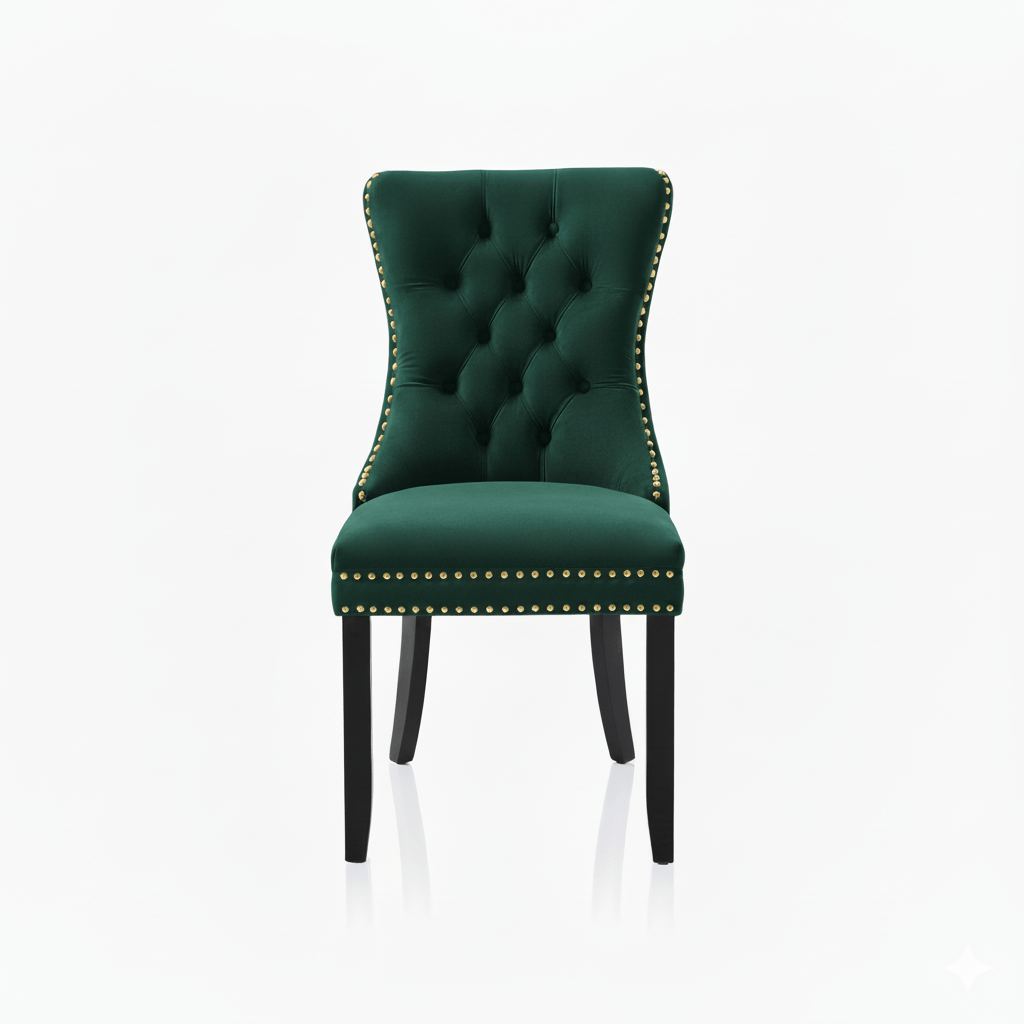 Green velvet chair with tufted backrest and nailhead gold trim on a white background