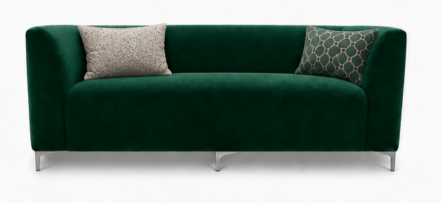 Green sofa with patterned cushions on a white background