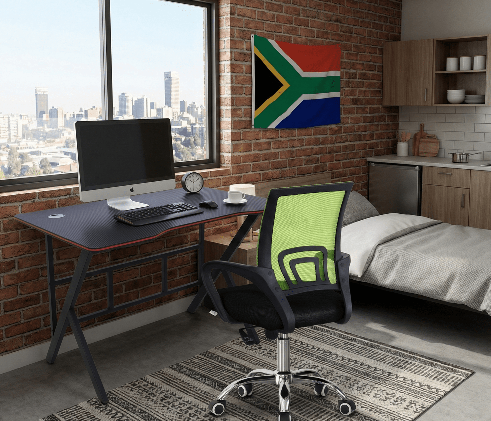 Modern room with a desk, chair, and South African flag on a brick wall. That Couch Place