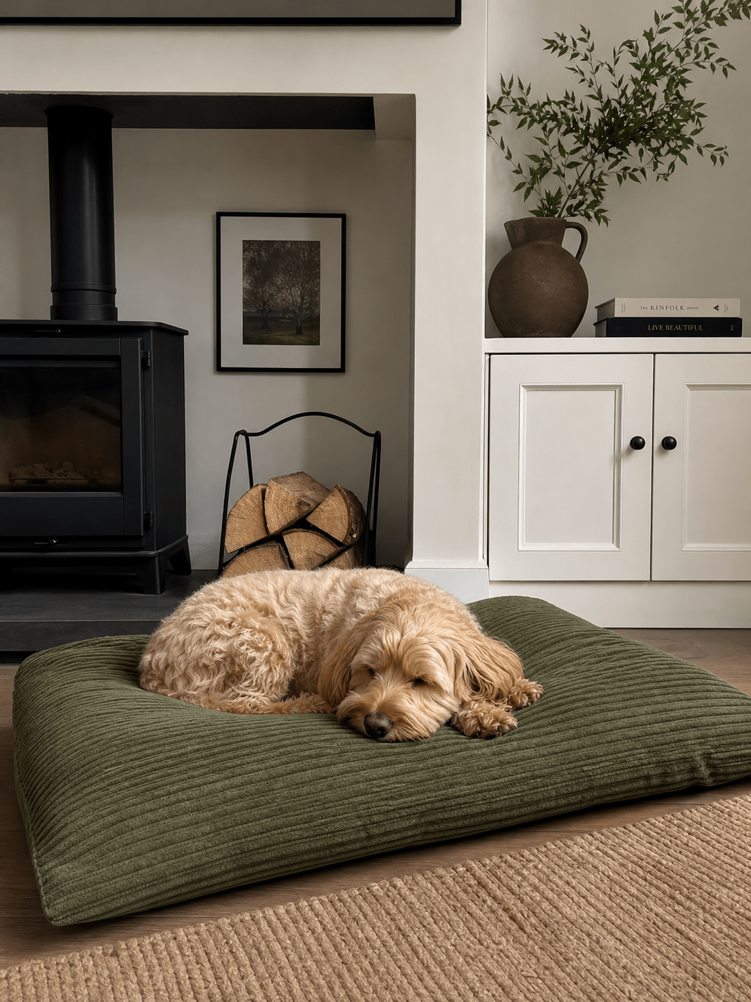 Dog laying on green corduroy covered bed
