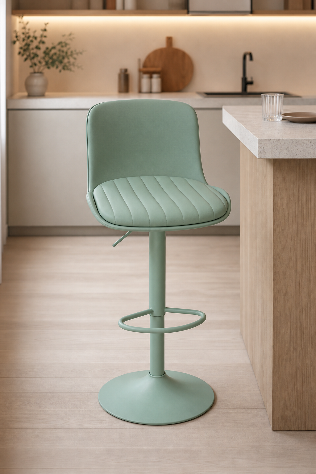 Green chair with padded seat at a white counter with a footrest and adjustable height 