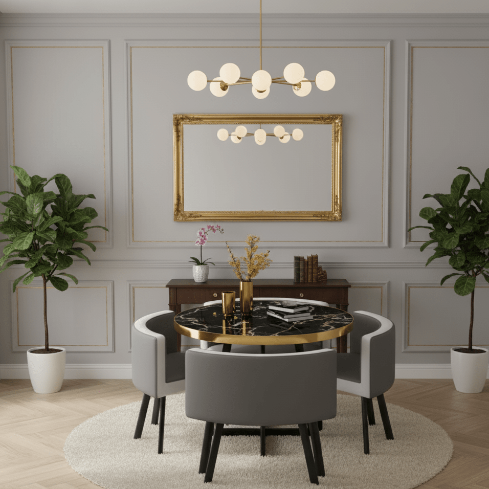 Compact Grey round marble dining table set in a posh dining room setting- That Couch Place