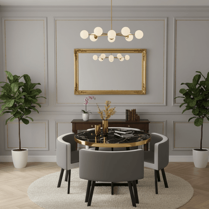 Compact Grey round marble dining table set in a posh dining room setting- That Couch Place