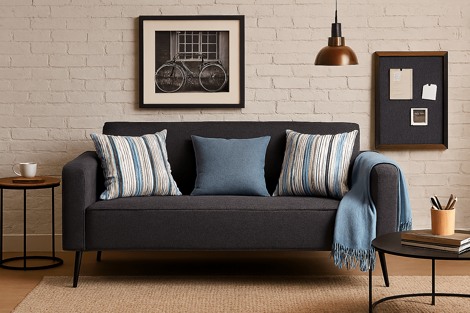 Comfort Couch in an Airbnb apartment with blue decor cushions and picture frame  - That Couch Places