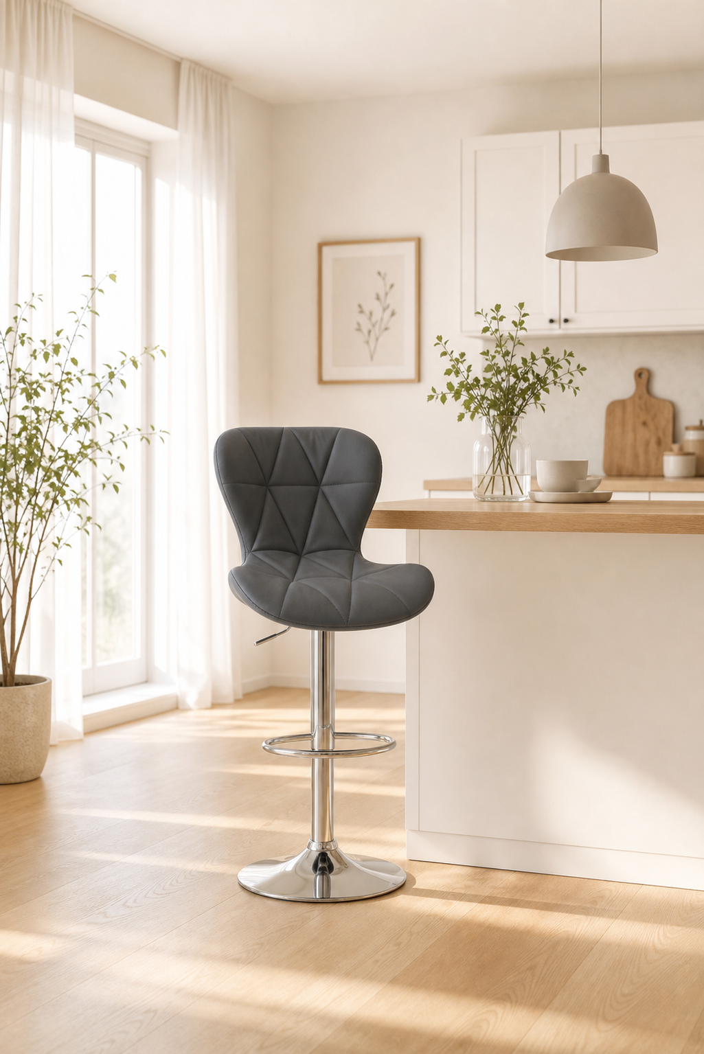 Grey Bar Chair with silver chrome legs in Kitchen with white cupboards and brown countertop