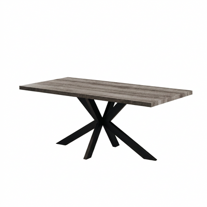 Grey dining table with black steel legs n a white background