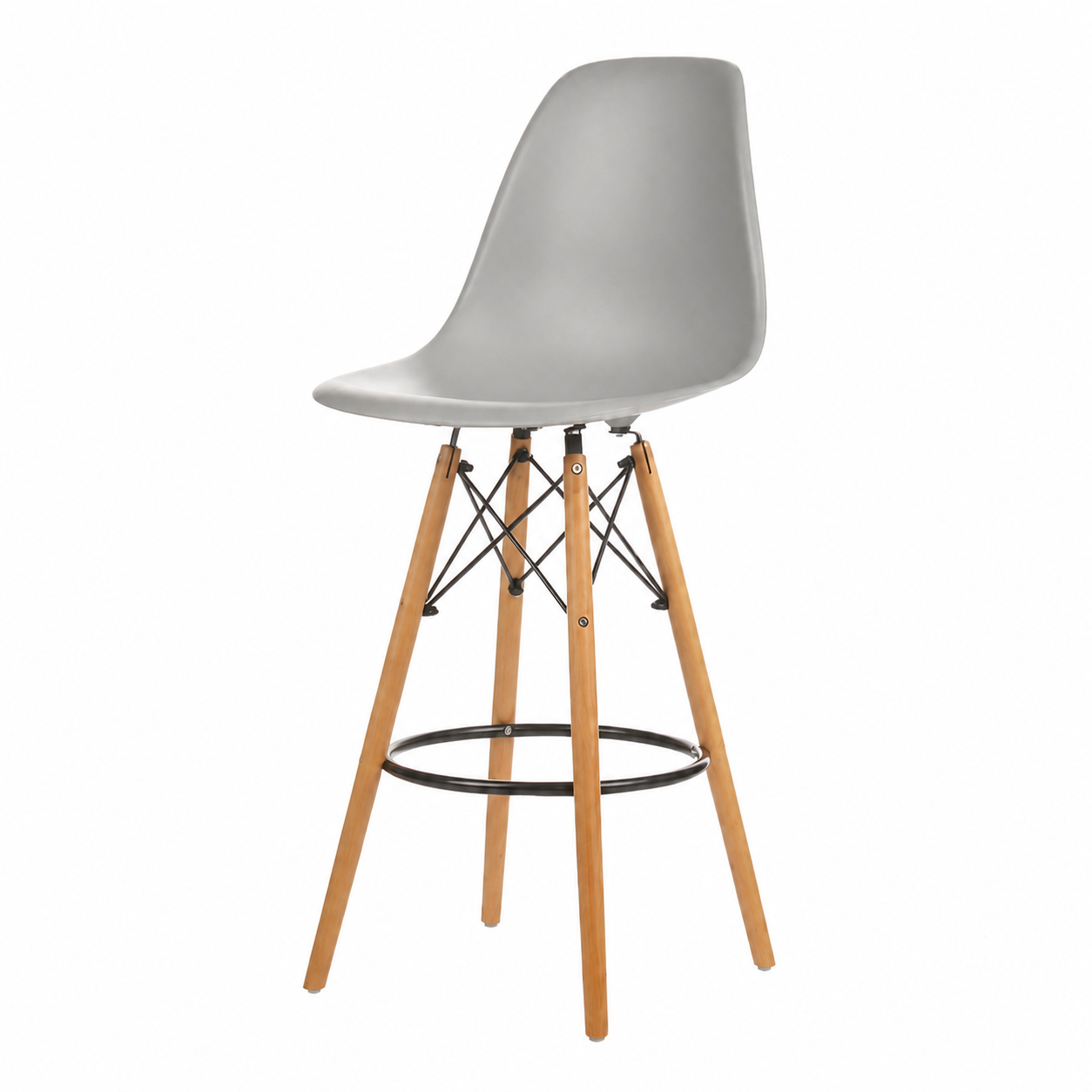 A modern counter stool with a light gray molded plastic seat, natural wood legs, and black metal wire support struts and footrest, shown against a plain white background.