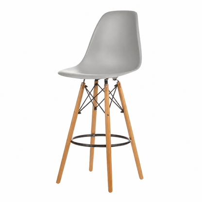 A modern counter stool with a light gray molded plastic seat, natural wood legs, and black metal wire support struts and footrest, shown against a plain white background.
