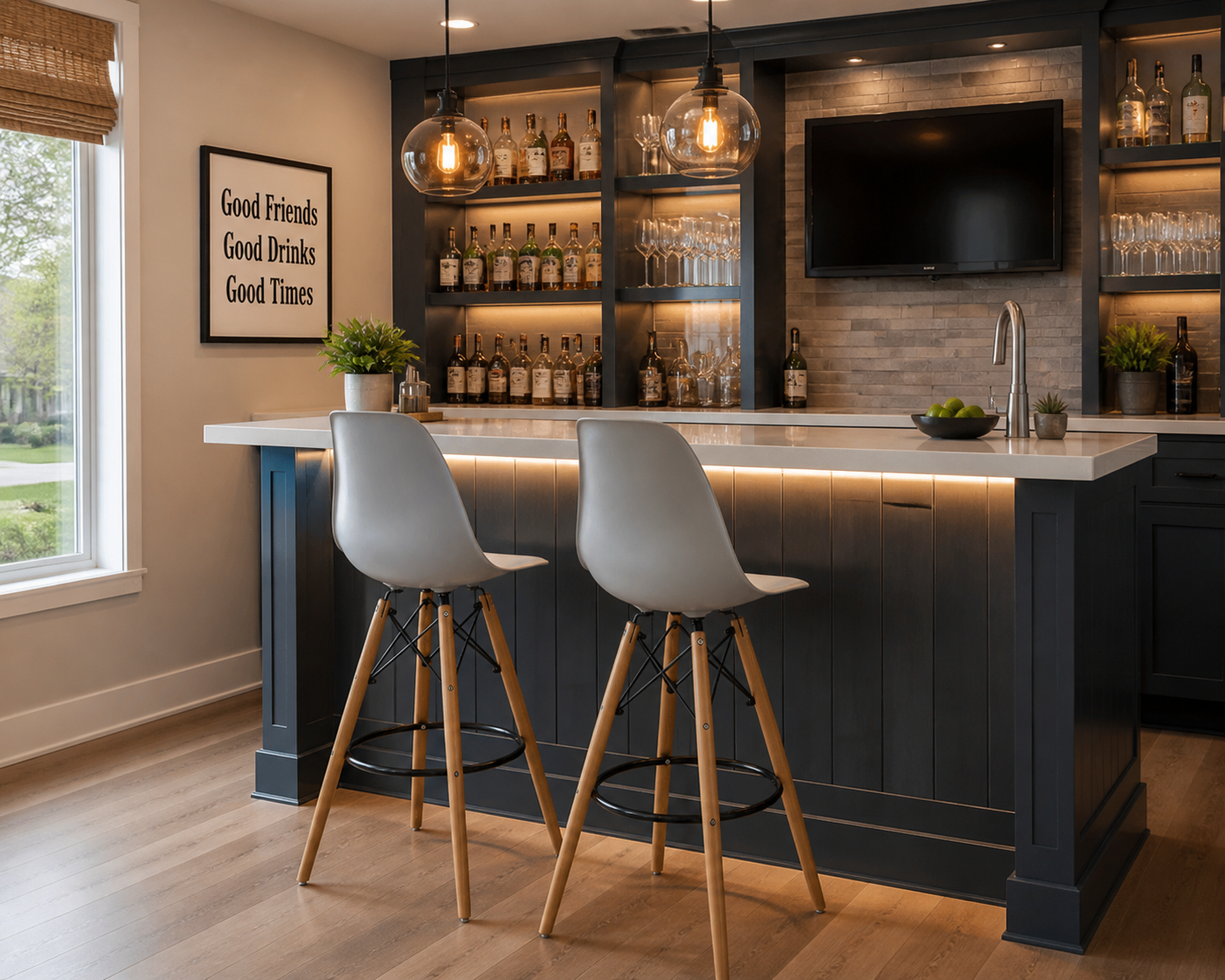 A modern bar island in a staged home bar setting, featuring a dark navy wood base, a white countertop, two white bar stools with wooden legs, and warm underbar lighting.