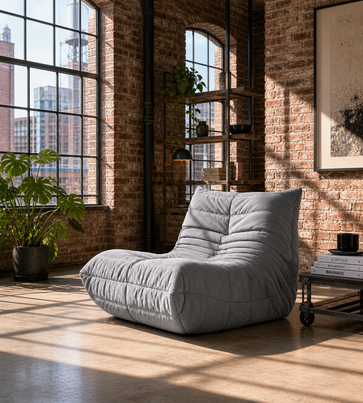 Gray bean bag chair in a room with brick walls and large windows.