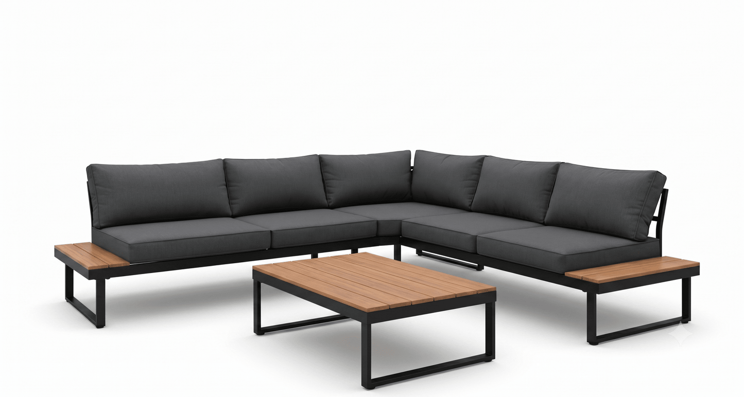 Outdoor sectional sofa with dark cushions and a wooden coffee table on a white background