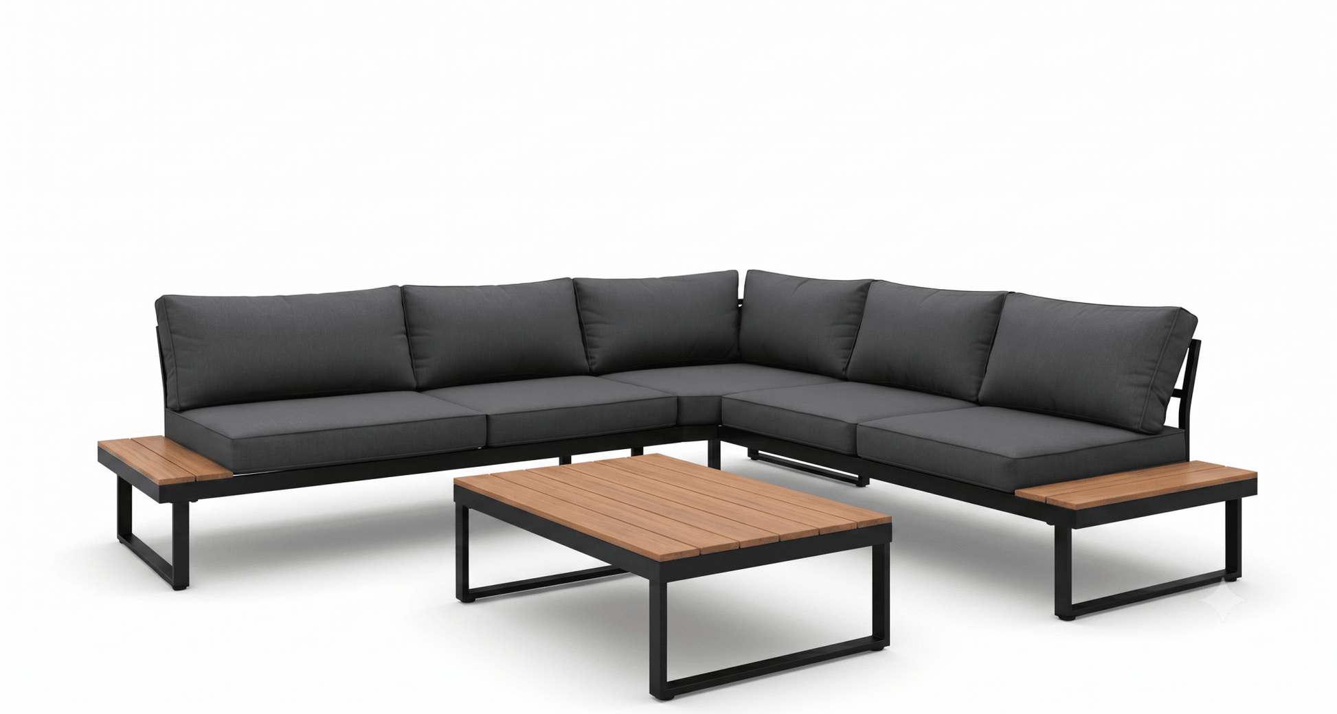 Outdoor sectional sofa with dark cushions and a wooden coffee table on a white background