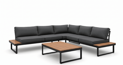 Outdoor sectional sofa with dark cushions and a wooden coffee table on a white background