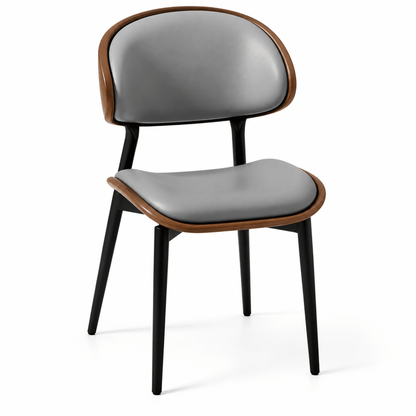 A modern dining chair with a gray upholstered seat and curved backrest, framed by medium brown wood trim and supported by black metal legs, shown on a white background.