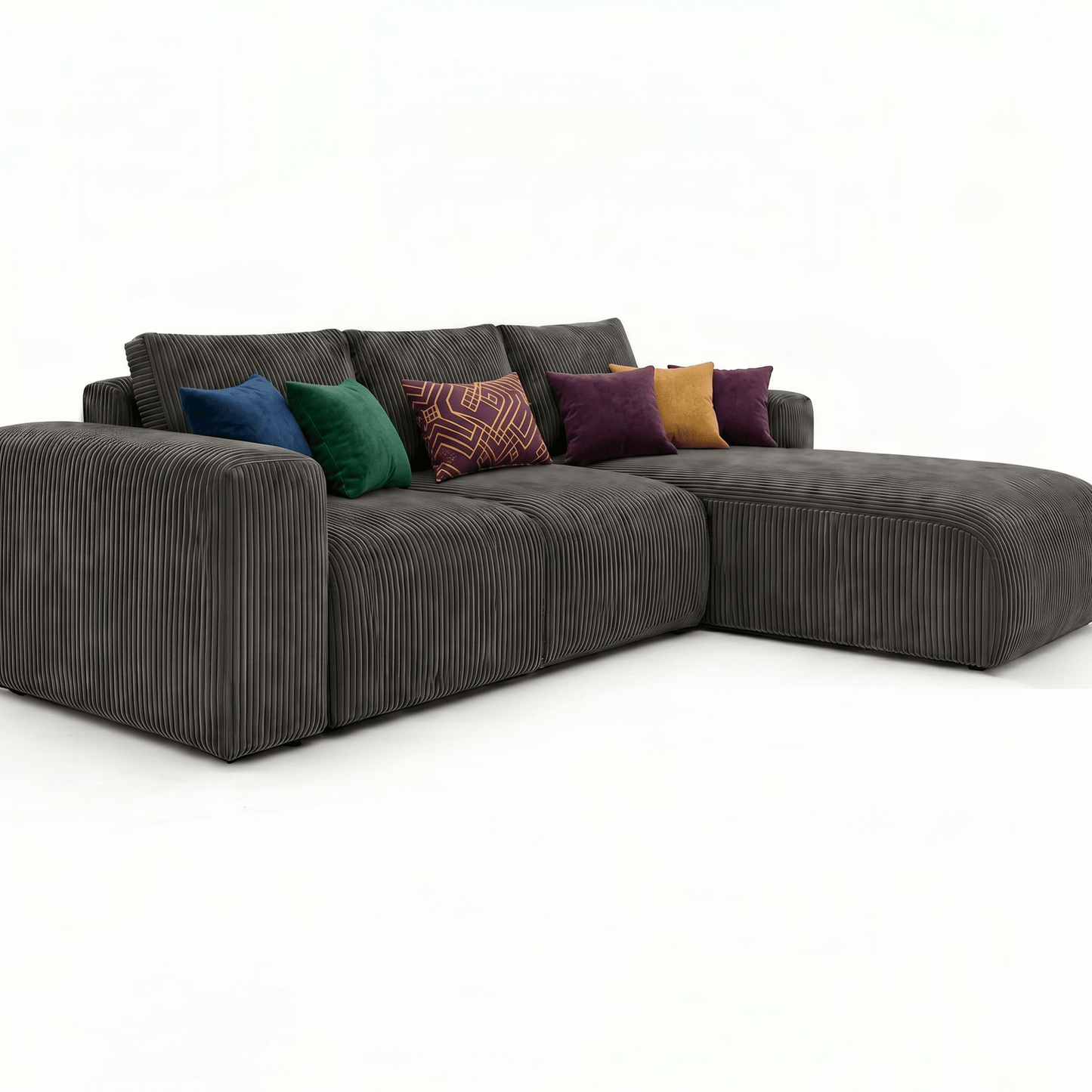 Gray sectional sofa with colorful pillows on a white background