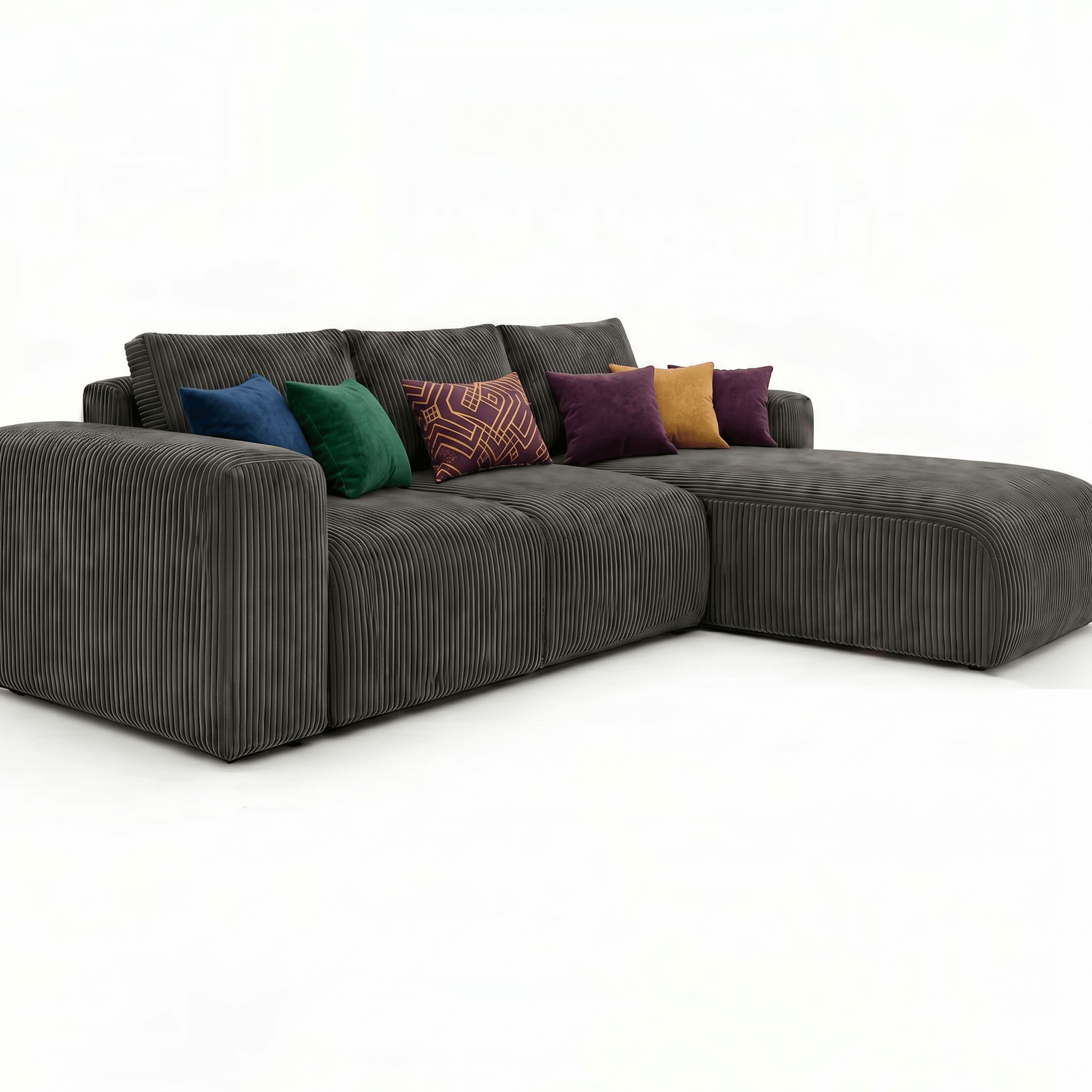 Gray sectional sofa with colorful pillows on a white background