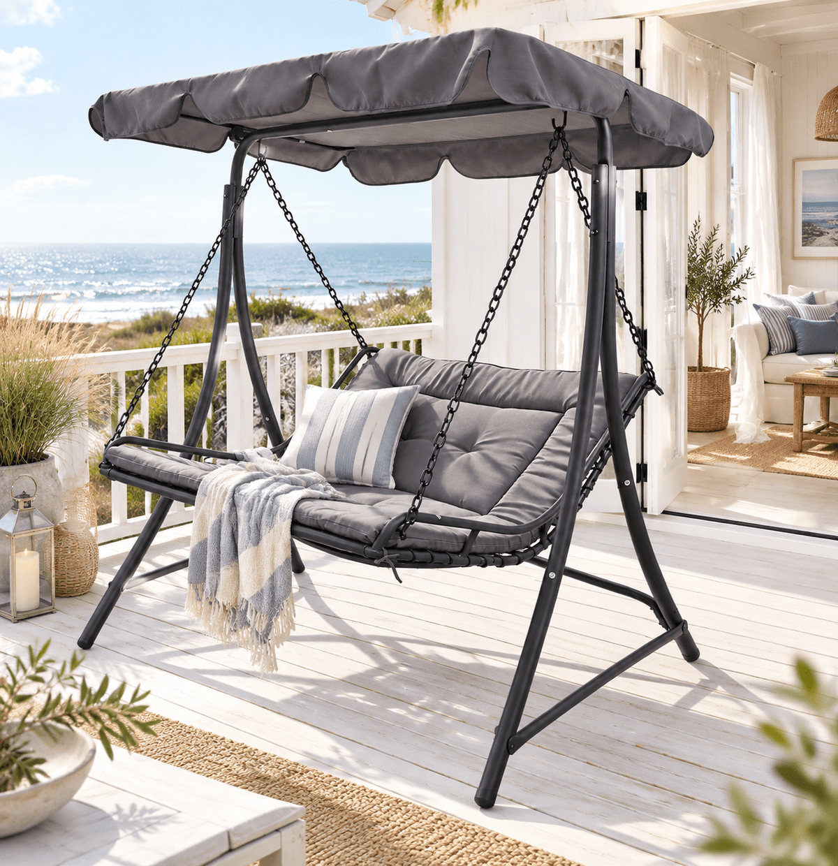 The Serene Retreat Outdoor Metal Swing Chair - Premium Grey Steel - That Couch In a beachhouse setting