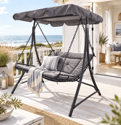 The Serene Retreat Outdoor Metal Swing Chair - Premium Grey Steel - That Couch In a beachhouse setting