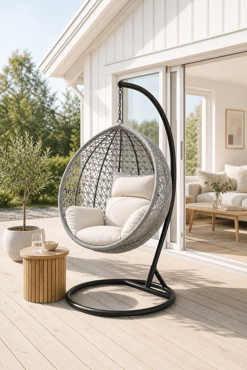 Hanging egg chair on a stand in an outdoor setting with a house in the background