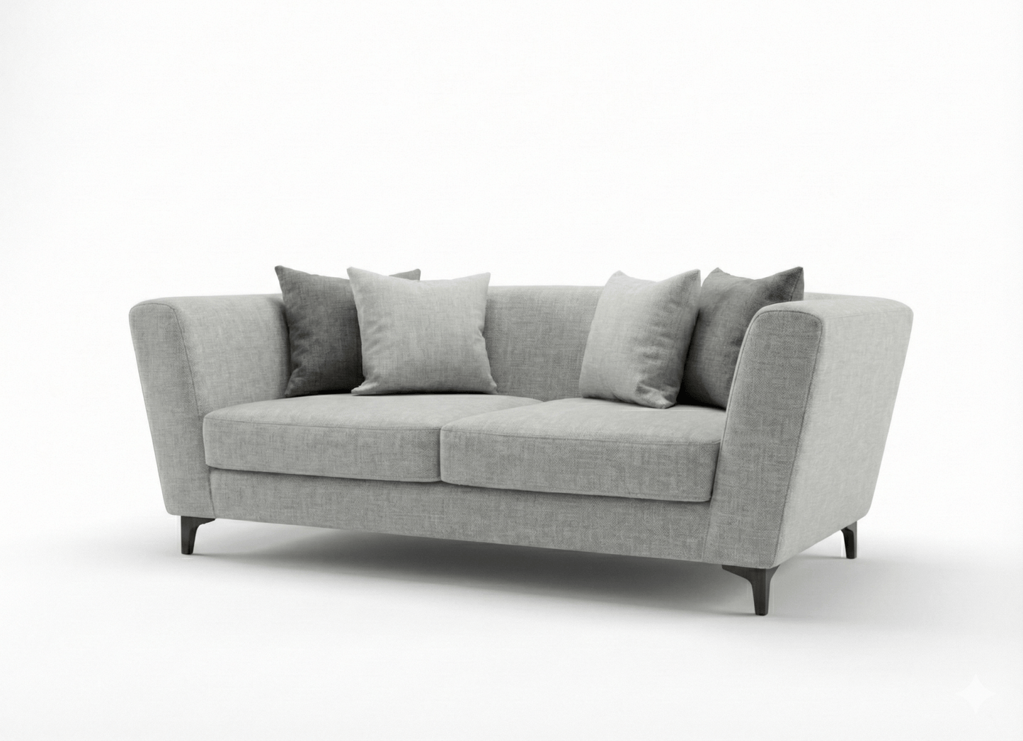 Gray sofa with four cushions on a white background That Couch Place