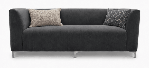 Gray sofa with patterned cushions on a white background