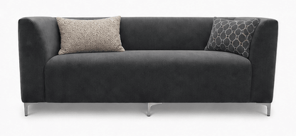 Gray sofa with patterned cushions on a white background