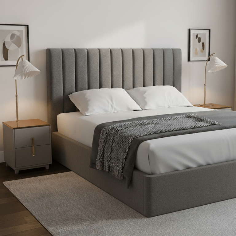 Grey upholstered bed and nightstands with white bedding in a bedroom setting