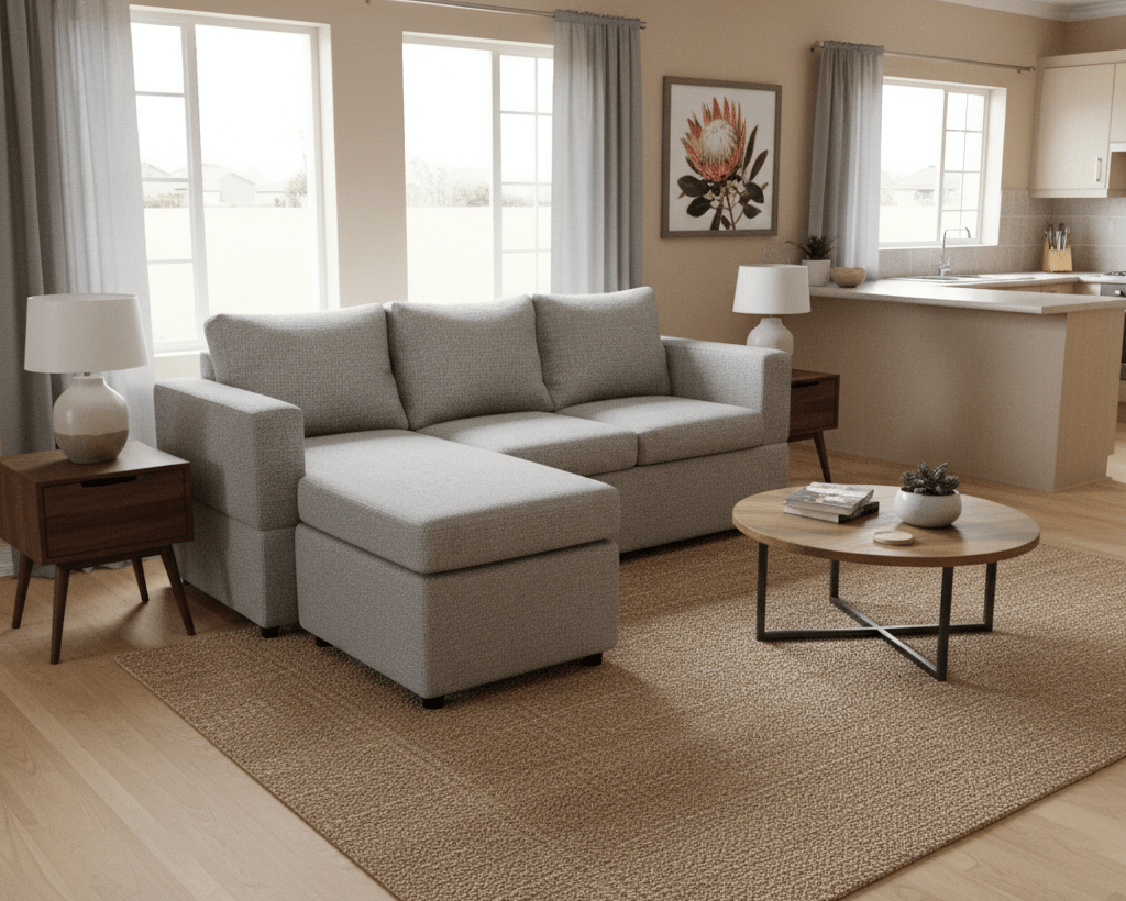 Modern town house  living room with a gray corner sofa, coffee table, and decorative elements. That Couch Place