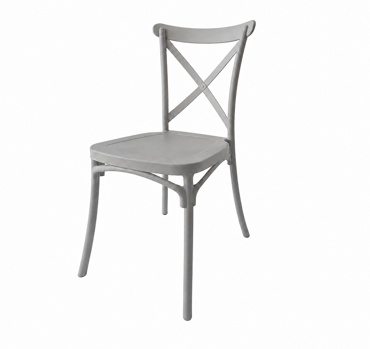 A light gray plastic dining chair with a square seat and a crisscross backrest, shown from a three-quarters angle on a solid white background.