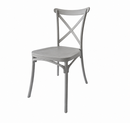 A light gray plastic dining chair with a square seat and a crisscross backrest, shown from a three-quarters angle on a solid white background.