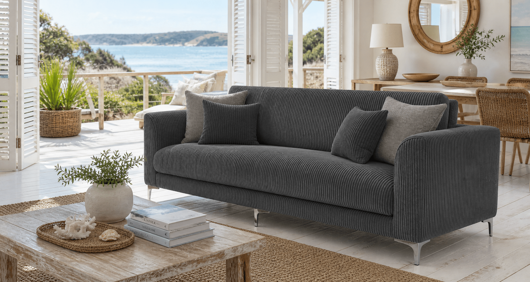 Gray sofa in a living room with a view of the ocean.