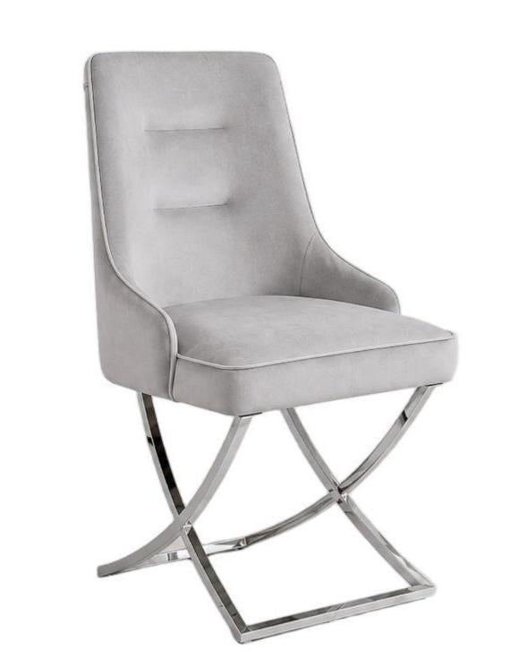 Gray upholstered chair with a metal frame on a white background