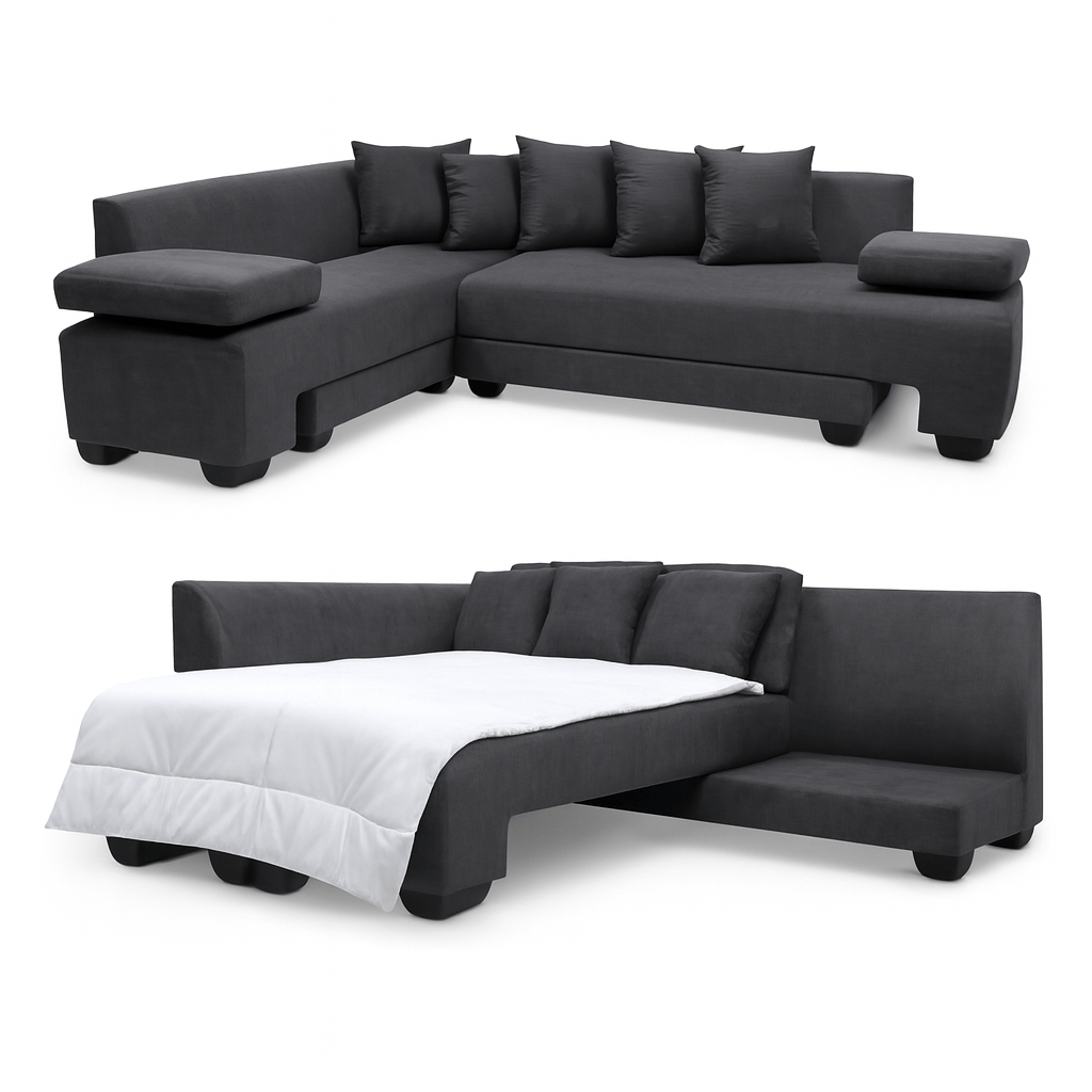 dark grey sectional sofa with a bed conversion on a white background