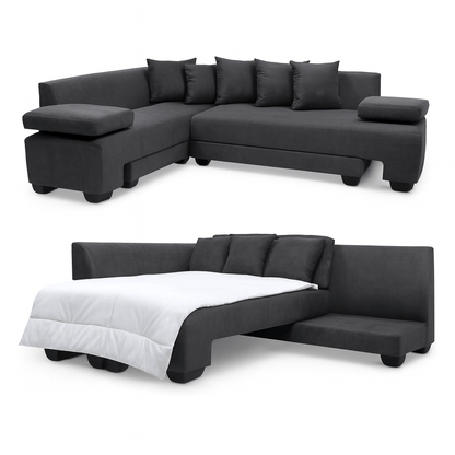 dark grey sectional sofa with a bed conversion on a white background