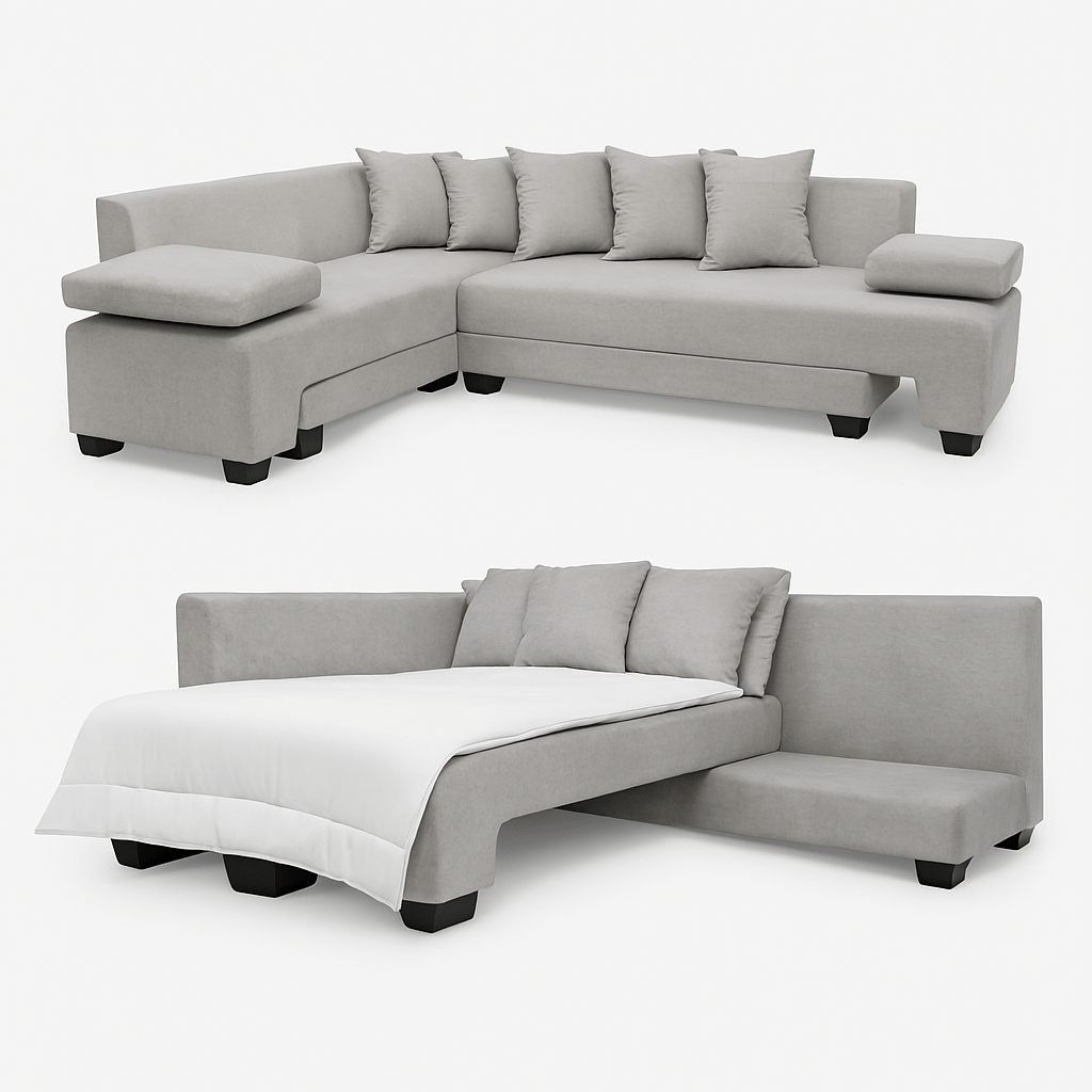 Gray sectional sofa with a bed extension on a white background