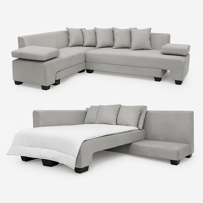 Gray sectional sofa with a bed extension on a white background