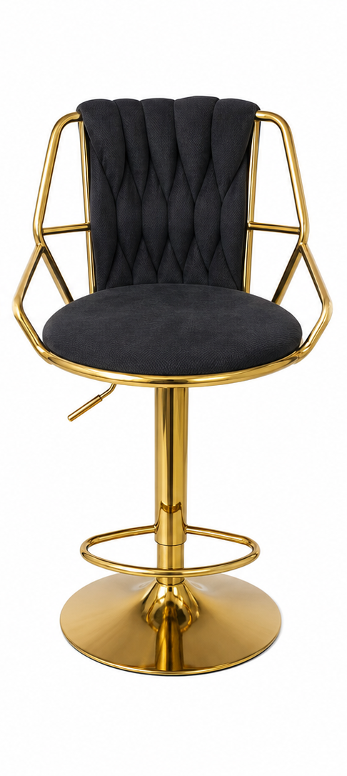 A modern swivel barstool with a polished gold-finished metal frame and base, featuring a black tufted velvet cushioned seat and backrest, isolated on a white background.