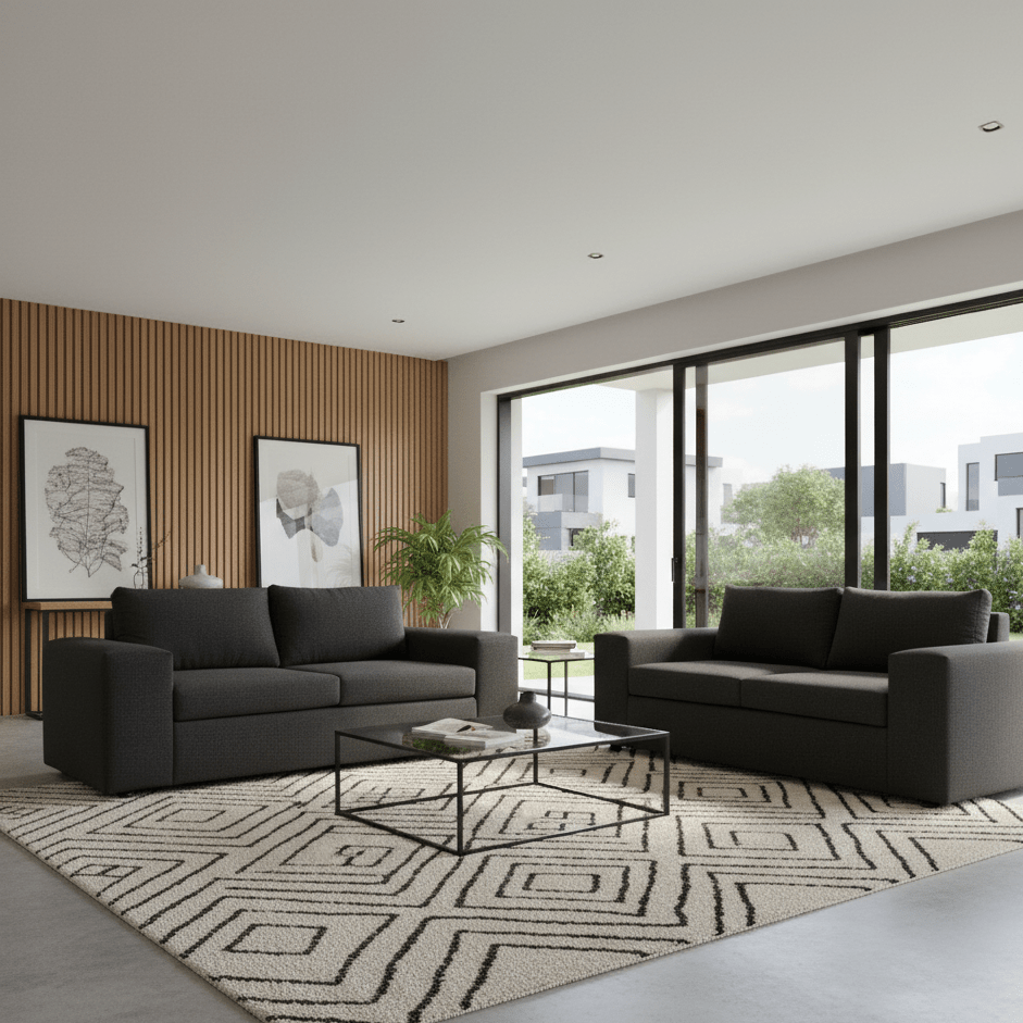 Modern living room with two dark gray two seater sofas, a coffee table, and decorative elements. The Couch Place
