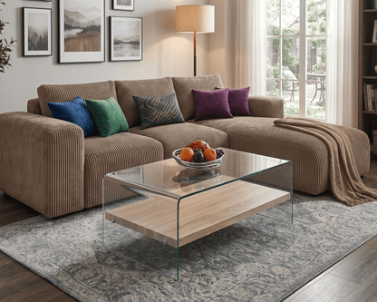 Living room with a brown Corduroy sectional sofa, glass coffee table, and decorative pillows.